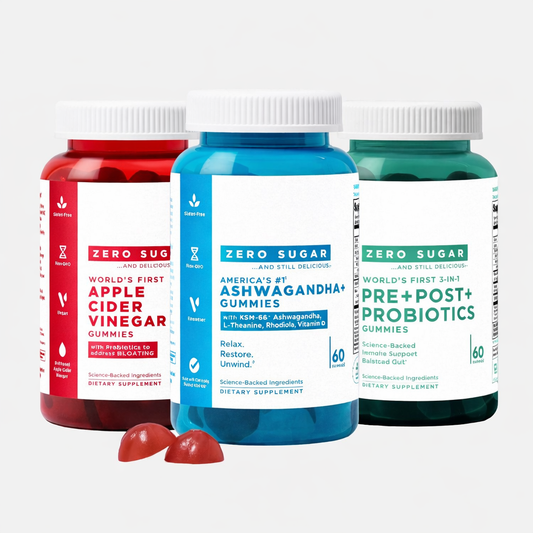 Zero Sugar Trio - World's First 3-in-1 Pre, Post, Probiotic, Apple Cider Vinegar with Vitamin B12 and Probiotics, Ashwagandha & L-Theanine, Vitamin D Gummies
